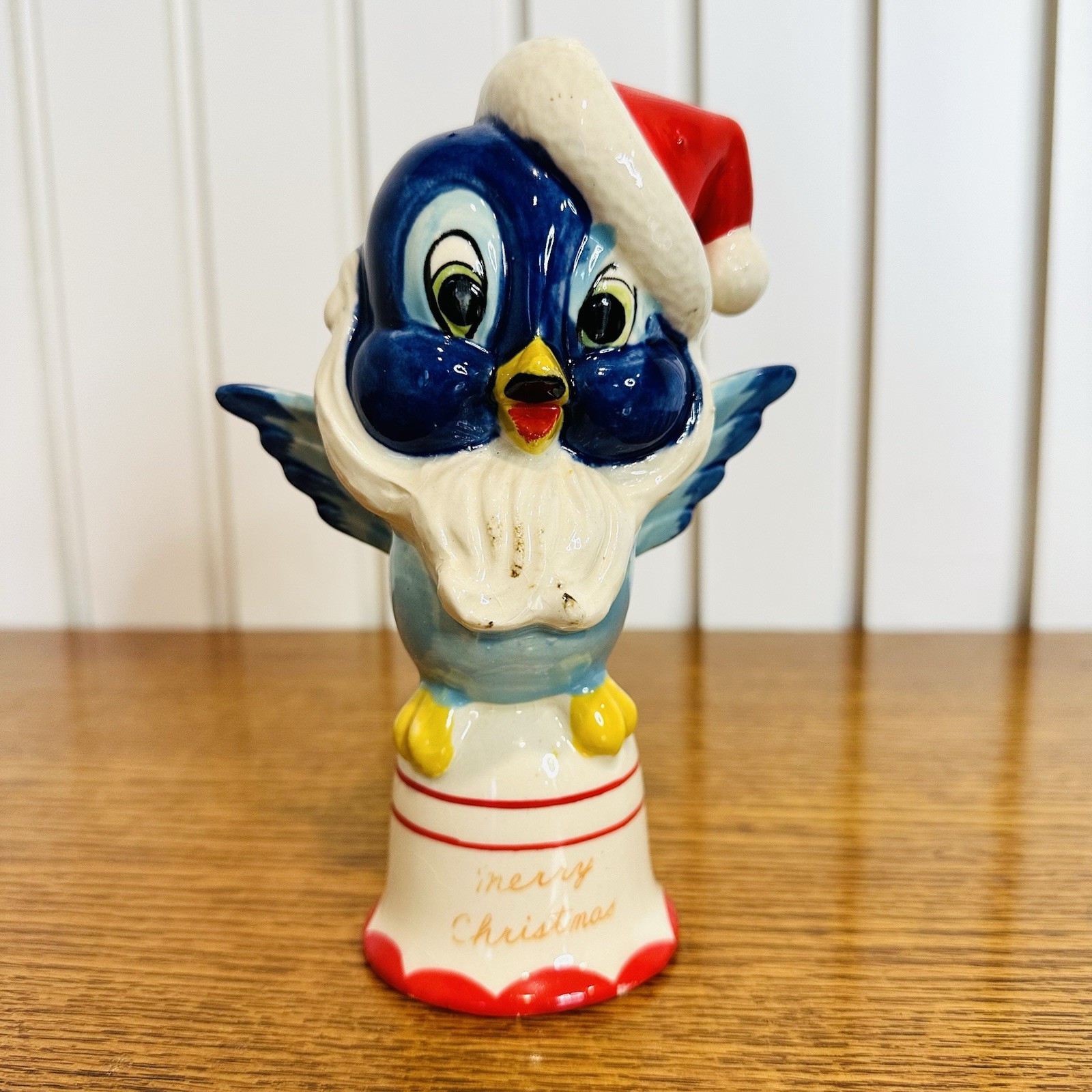 Vintage 1950's Kreiss Merry Christmas Blue Bird w Santa Hat & Beard Ceramic Bell