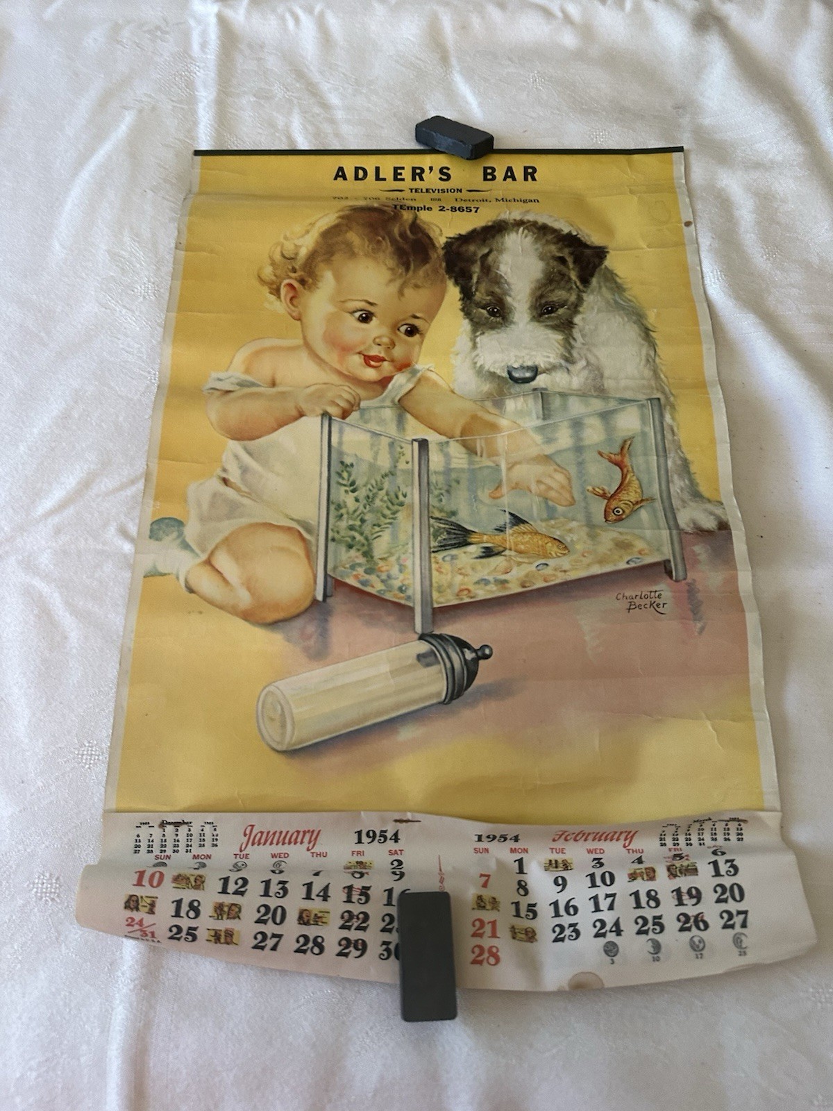 Vintage 1954 Adlers Bar Boy & Dog Calendar Detroit Michigan 15 3/4x 12