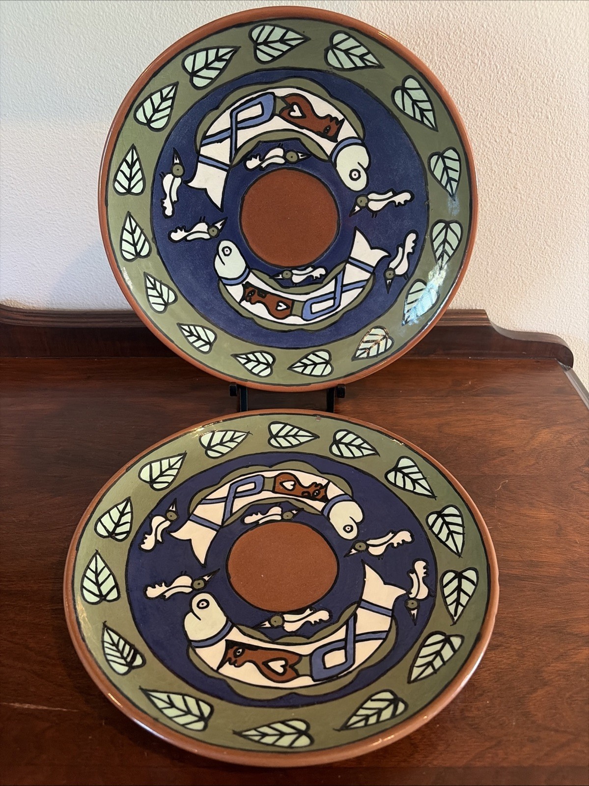 VTG Mexican Folk Art Pottery Plates Terra Cotta 11” Hand Painted Fish Motif