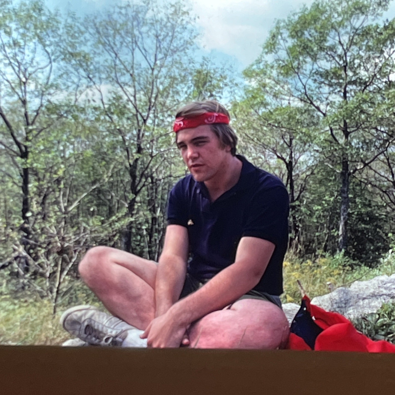 Vintage 35 mm Slide Photo Young Man Legs Crossed Wearing Bandana 1980s -- A2
