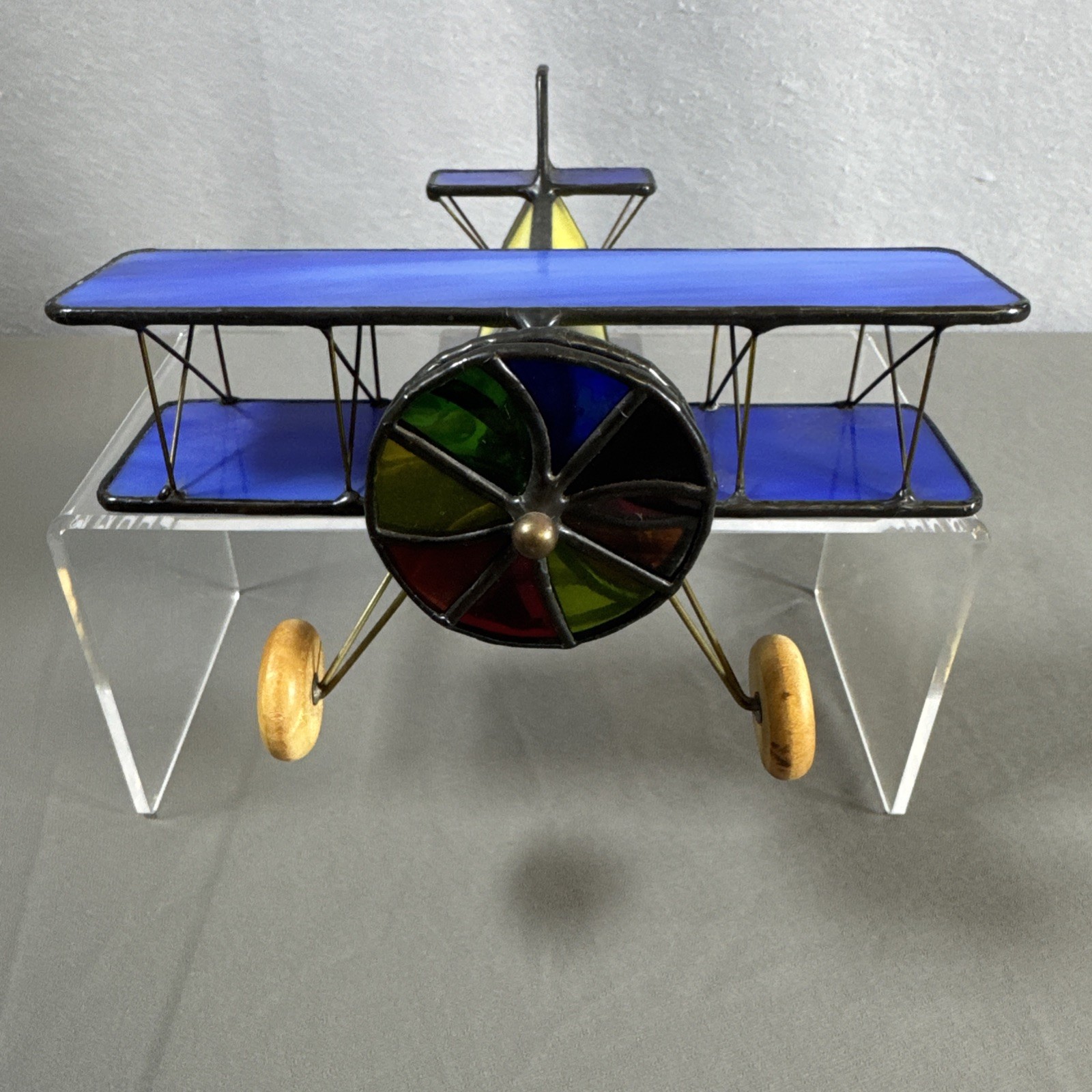 Stained Glass Style Biplane Airplane Figurine Blue Yellow Black Glass Metal