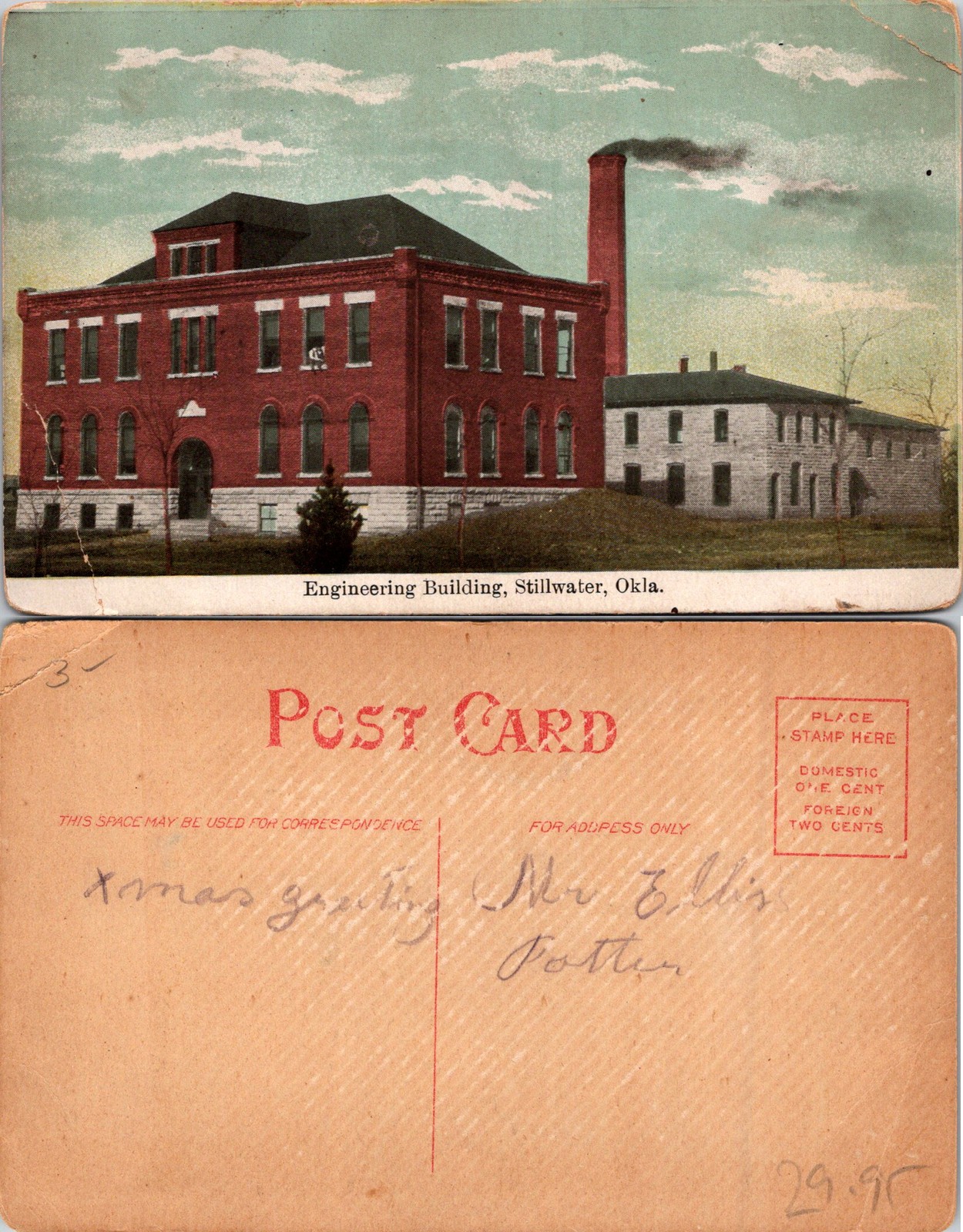 Stillwater OK Engineering Building, Smoke in Air Postcard 73057