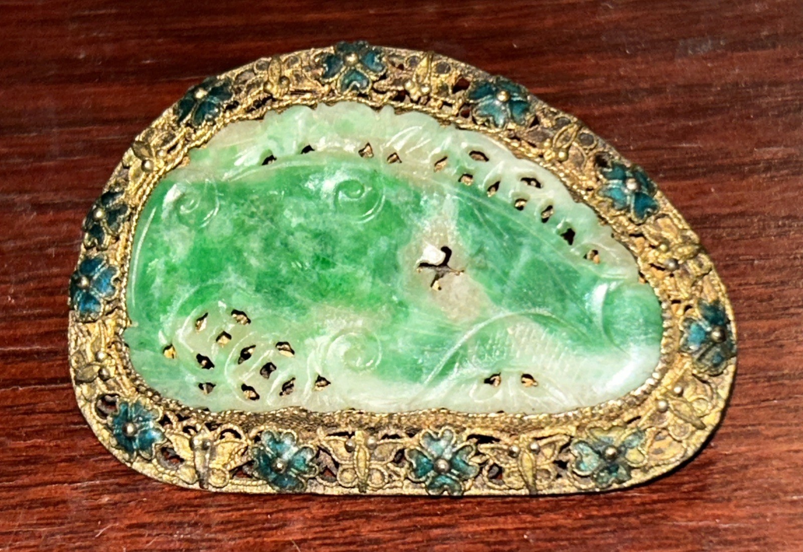 Antique Chinese Jadeite Jade Brooch Filigree Jewelry Authentic Gold Fill Enamel