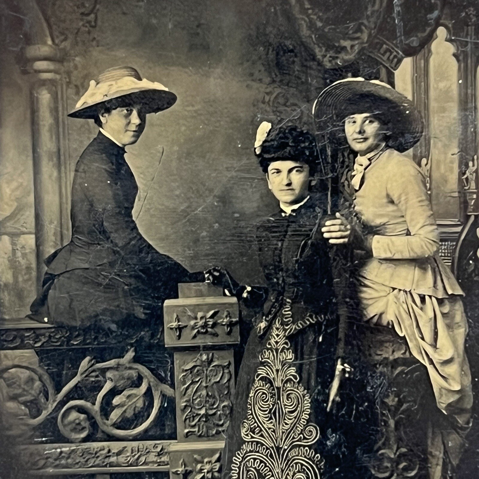 Antique Tintype Photograph Beautiful Fashionable Young Women Hats Teen Girls