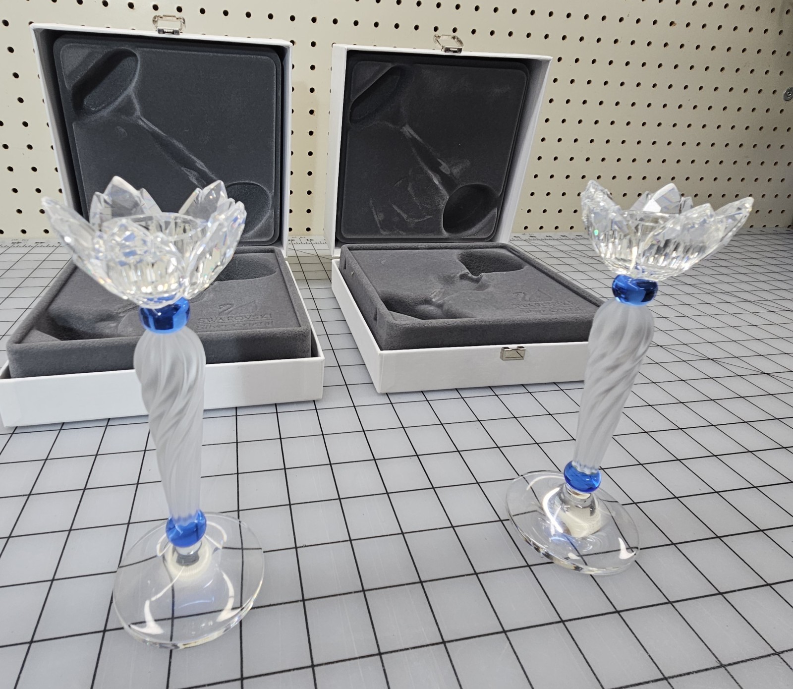 Swarovski Silver Crystal Candle Holder Set With Flower Design Cobalt Accents 