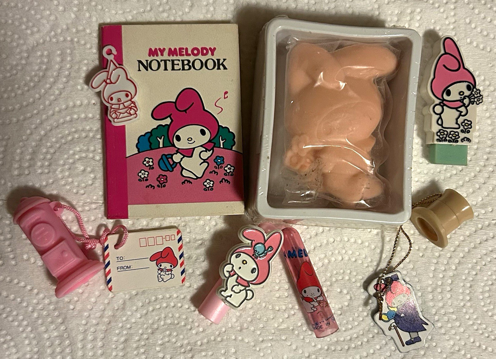 Vintage 1976 Sanrio My Melody Lot, Eraser, Mini Notepad, Pencil Tops, Soap, New