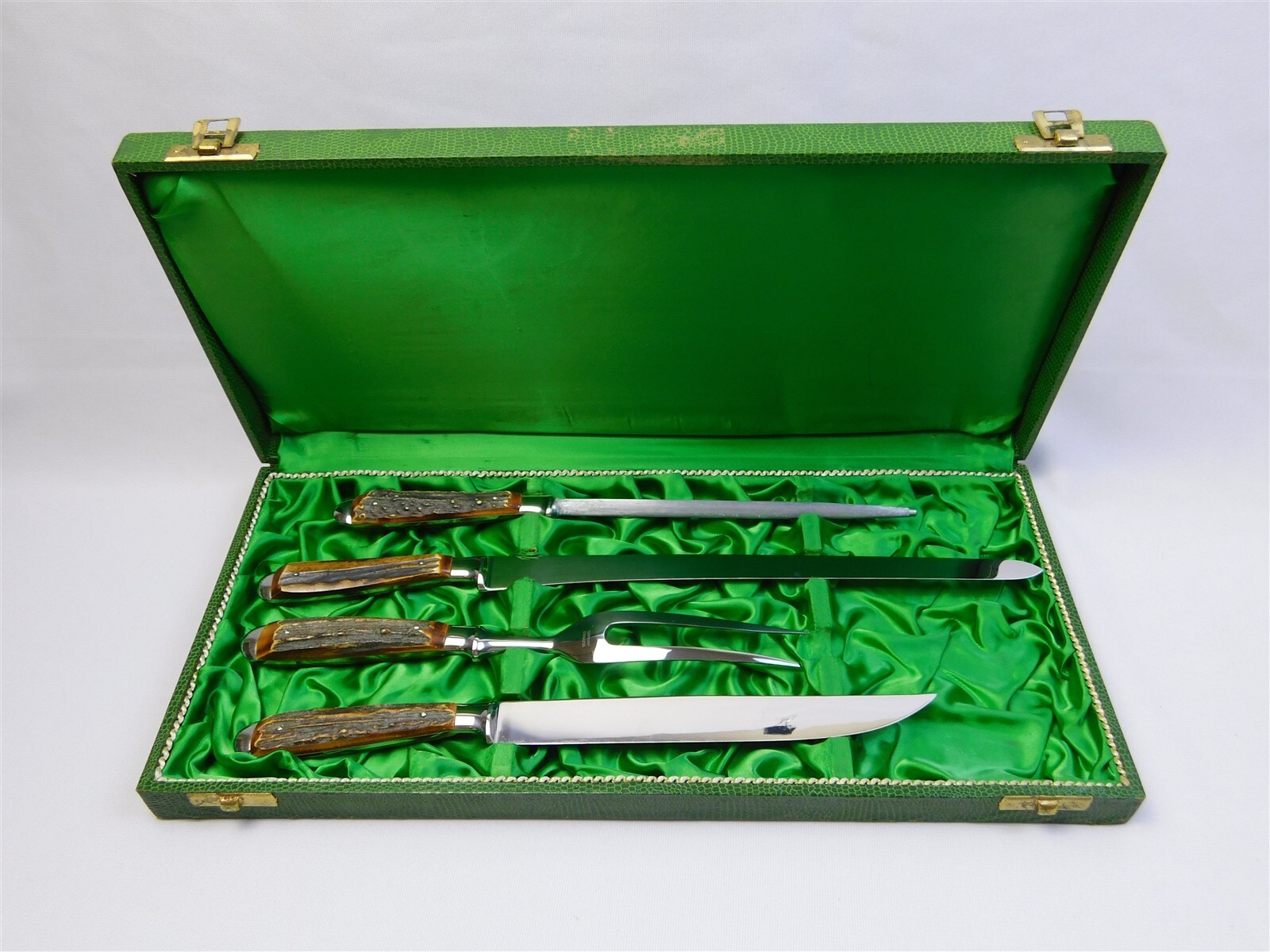 Vtg Marshall Field & Co Carving Set Knife Germany Stag Antler Handle 4 Pcs IOB