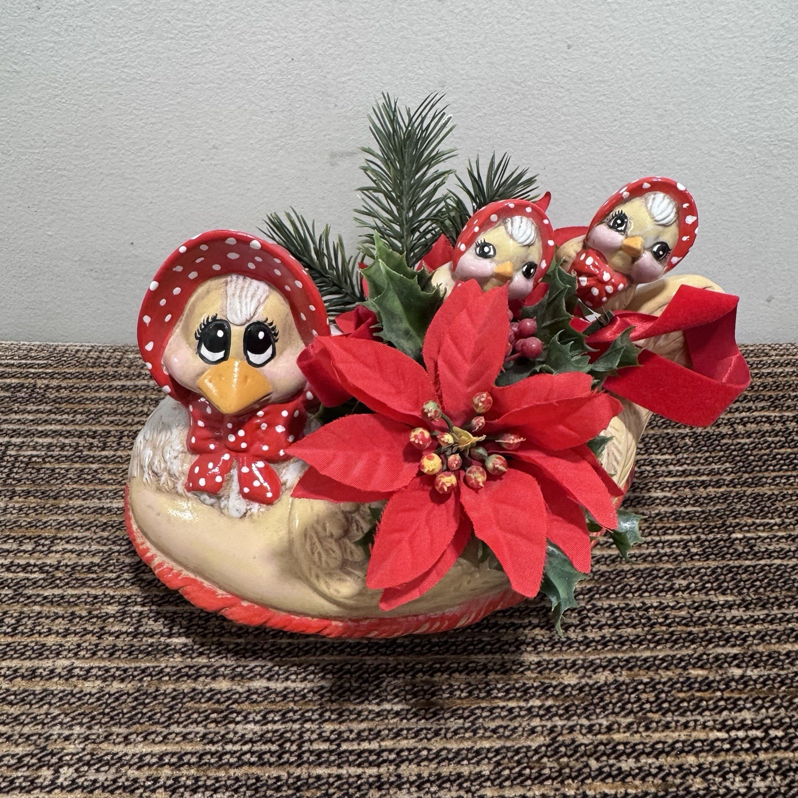 Vintage Kimple Ceramic Duck Family Planter Mother Baby Bonnet