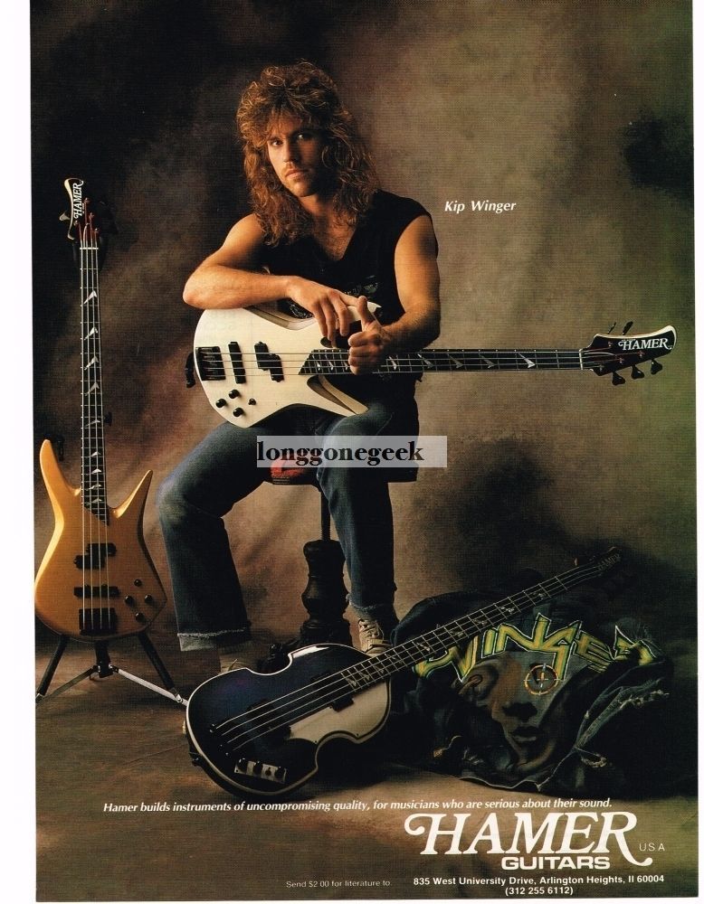 1990 HAMER Electric Bass Guitar KIP WINGER Vintage Print Ad