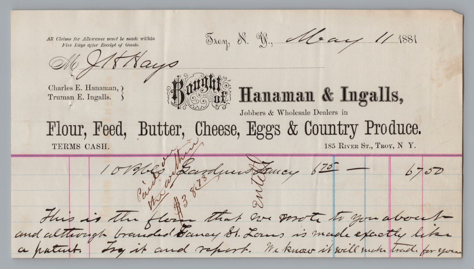 Hanaman & Ingalls Troy NY Flour Produce Billhead Receipt Letterhead Ephemera