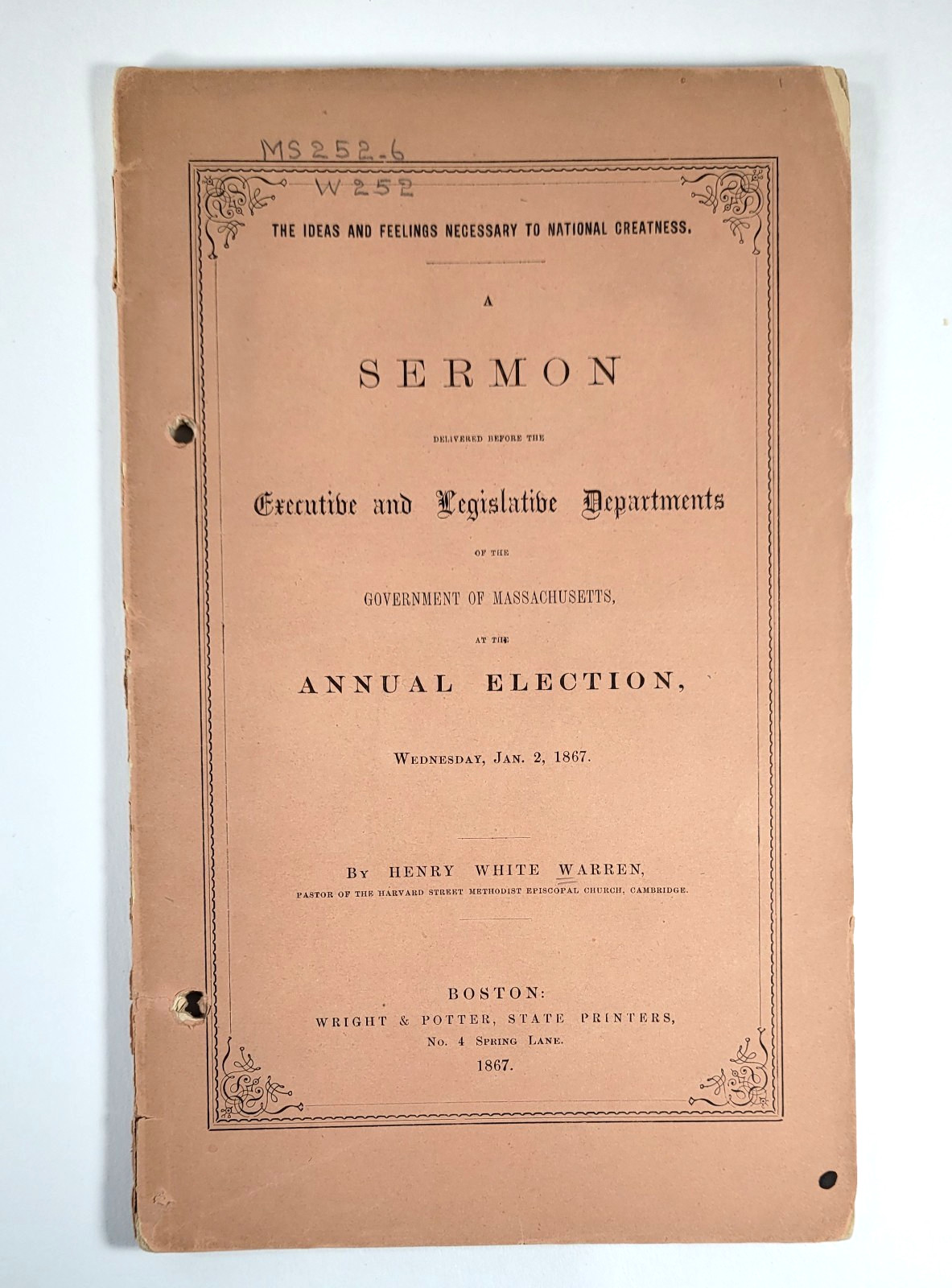 1867 Henry White Warren Sermon Ideas Feelings Necessary to National Greatness