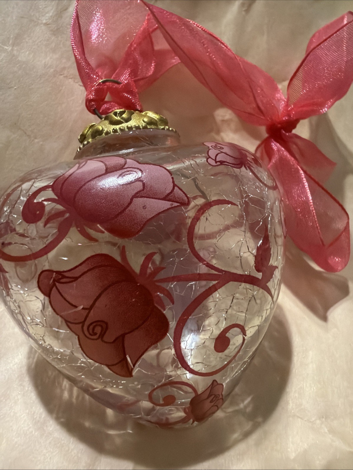 Vintage Russ Truly Madly Deeply Crackle Glass Heart Ornament Pink Roses Ribbon