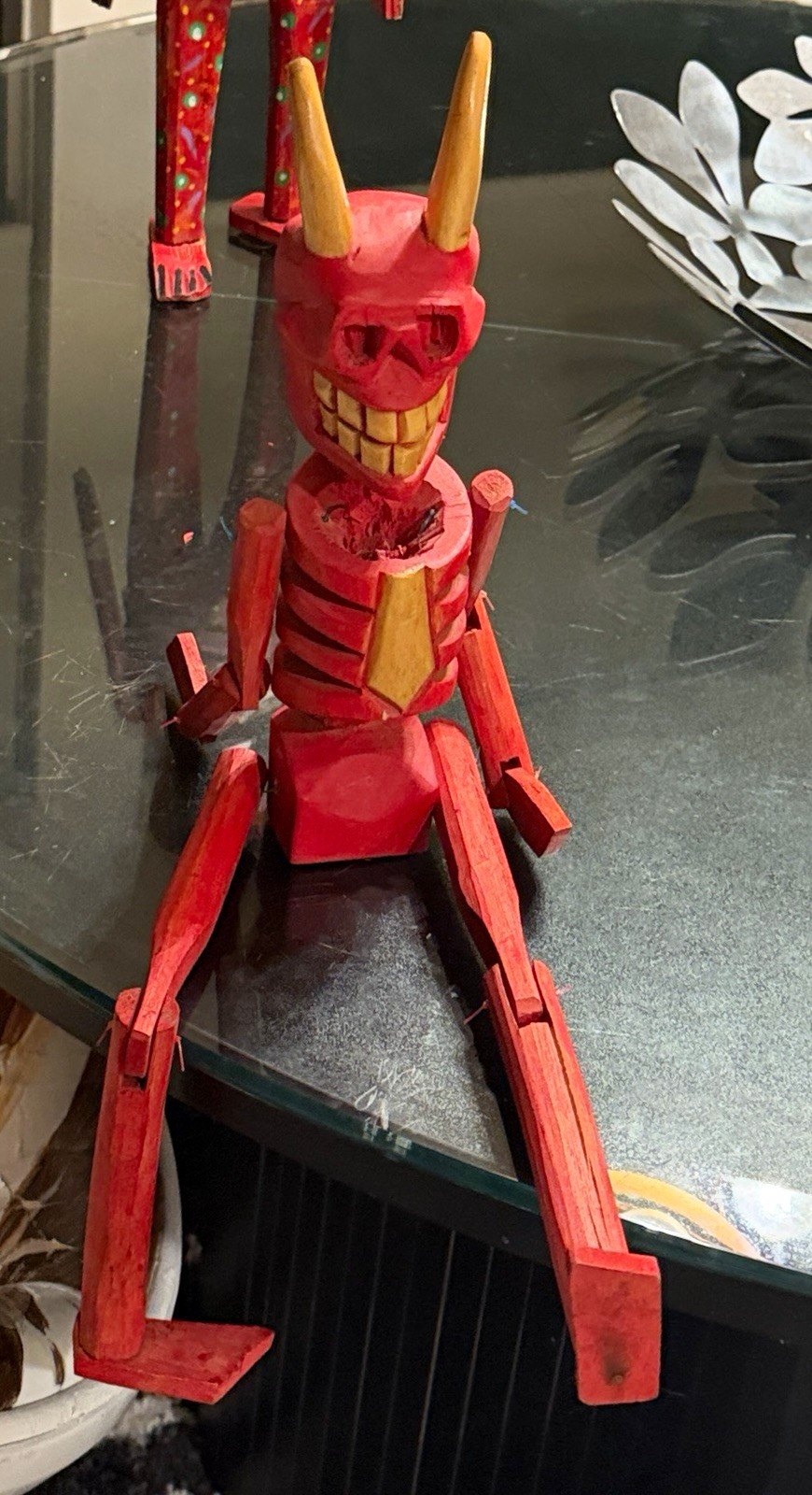 Red Wooden Devil Skeleton  Puppet Figure with Horns