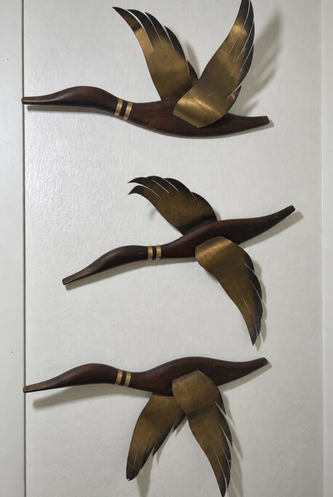 VTG 1960s Masketeers Flying Ducks Wall Art Set 3 Wood Brass MCM USA. Grandpacore