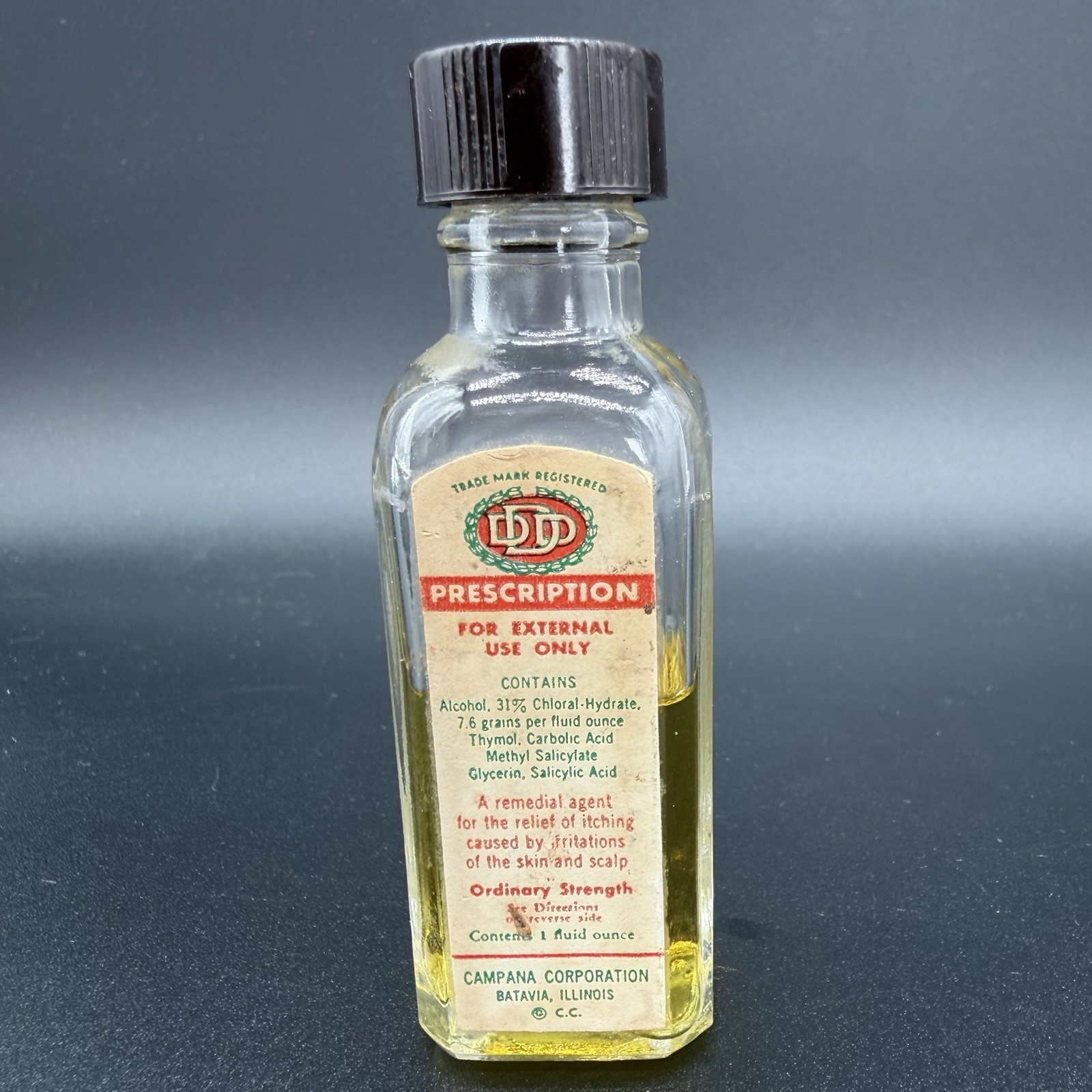 1940's DDD Prescription Skin Medicine Campana Corp Batavia ILL Glass Bottle