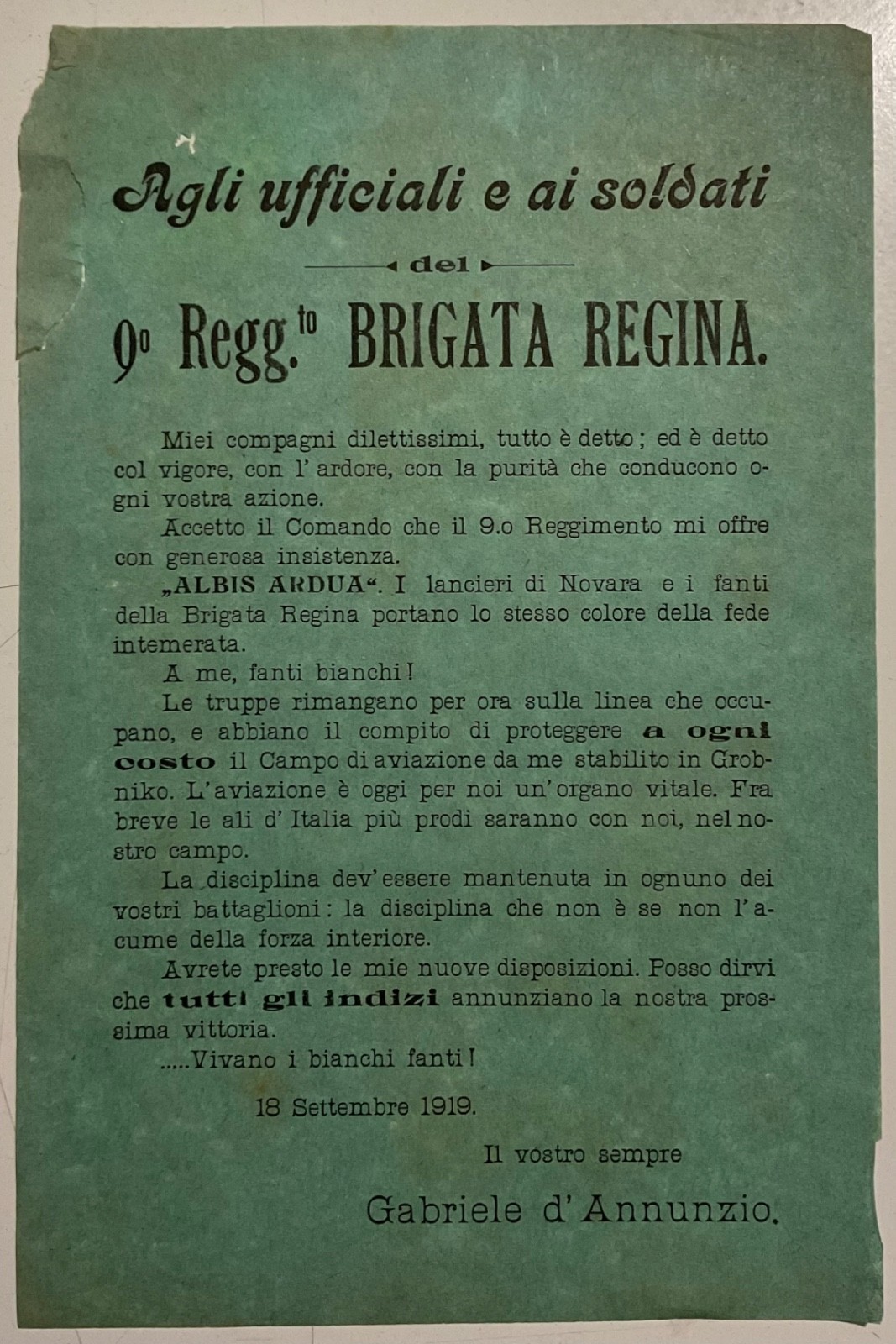 RIVER G.D’ANNUNZIO 9 REGG.TO BRIGADE QUEEN FLYER RIVER OF ITALY 1919