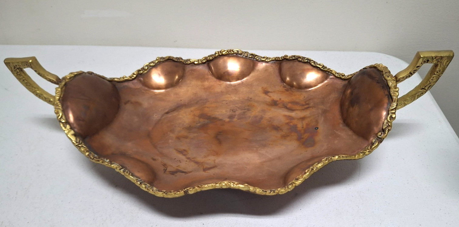 Vintage Antique Copper/Brass Basket Serving Tray Stamped A. Lara Mexico