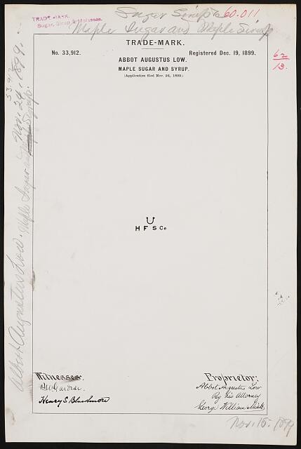 Photo:Abbot Augustus Low 1899 Trade-Mark Maple Sugar Syrup H F S Co