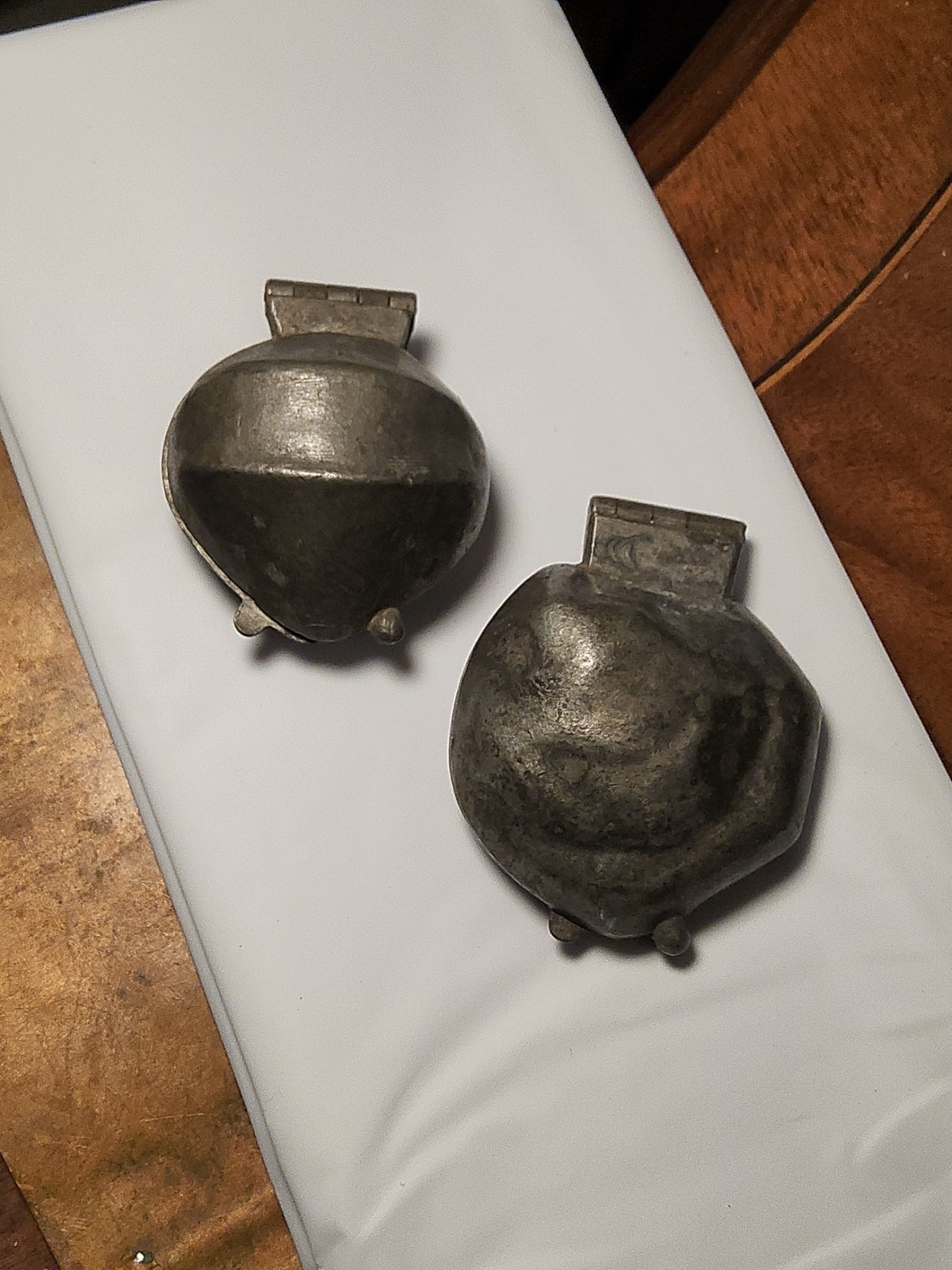 Pair Antique French Pewter Ice Cream Molds Oyster Shell 1739 & Walnut Letang LG