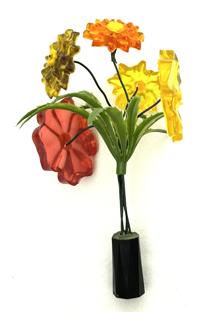 Vintage Lucite Acrylic Flower Bouquet Wire Stems Orange Yellow Red 60s 70s