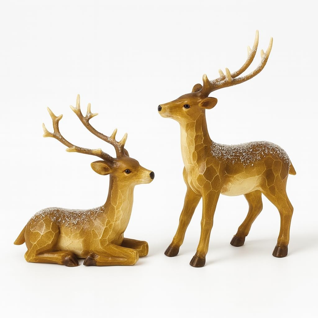Set of 2 Hand-Painted Resin Christmas Deer Figurines - Snow-Dusted Holiday Decor