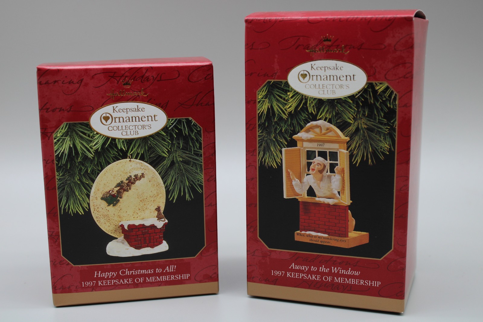 Hallmark Keepsake Club 1997 Happy Xmas to All & Away to the Window ornaments new