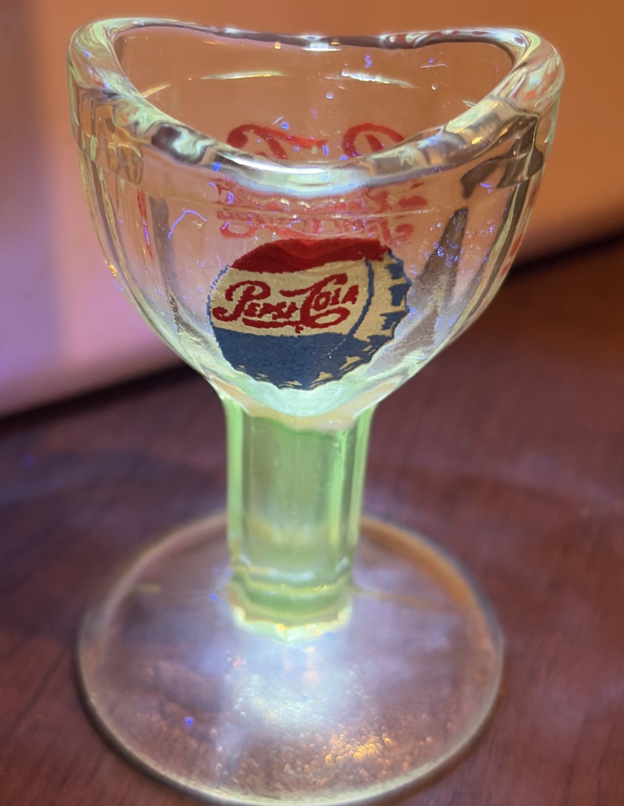 Rare Vintage Pepsi Soda Clear Glass Uranium Eye Wash Cup, Nice, 2.5” H