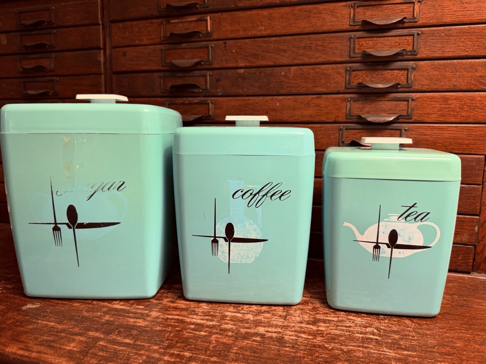 Lot 3 Lustro Ware Turquoise Teal Plastic Canisters Sugar Coffee Tea Sears Maid