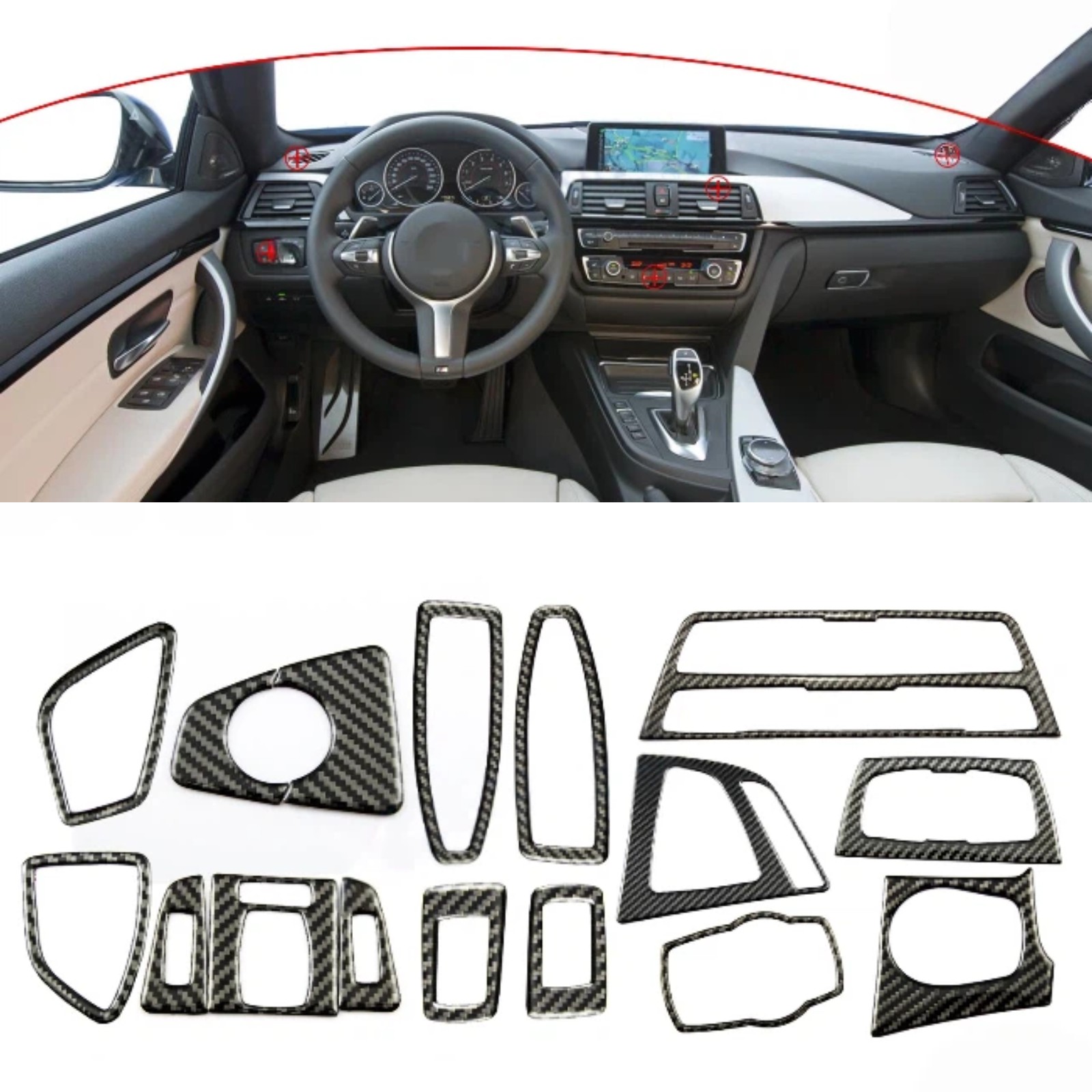 15Pcs Carbon Fiber Full Interior Trim Sticker Cover For BMW 3 4 Series F30 F32