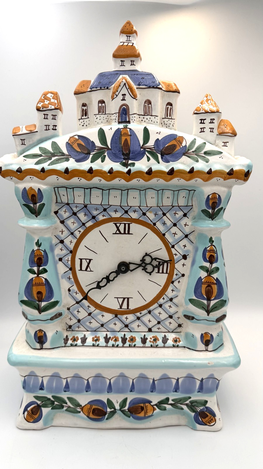 Vintage Gzhel Majolica Mantel Clock Russian Folk Art Hand Painted Church Petrov