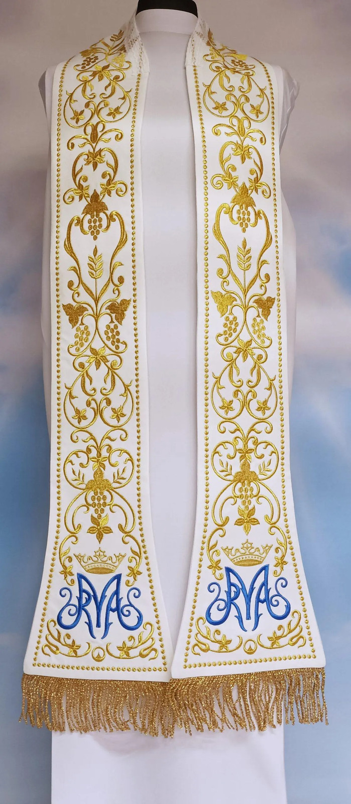 White Roman Stole Marian Embroidery Velvet Fabric