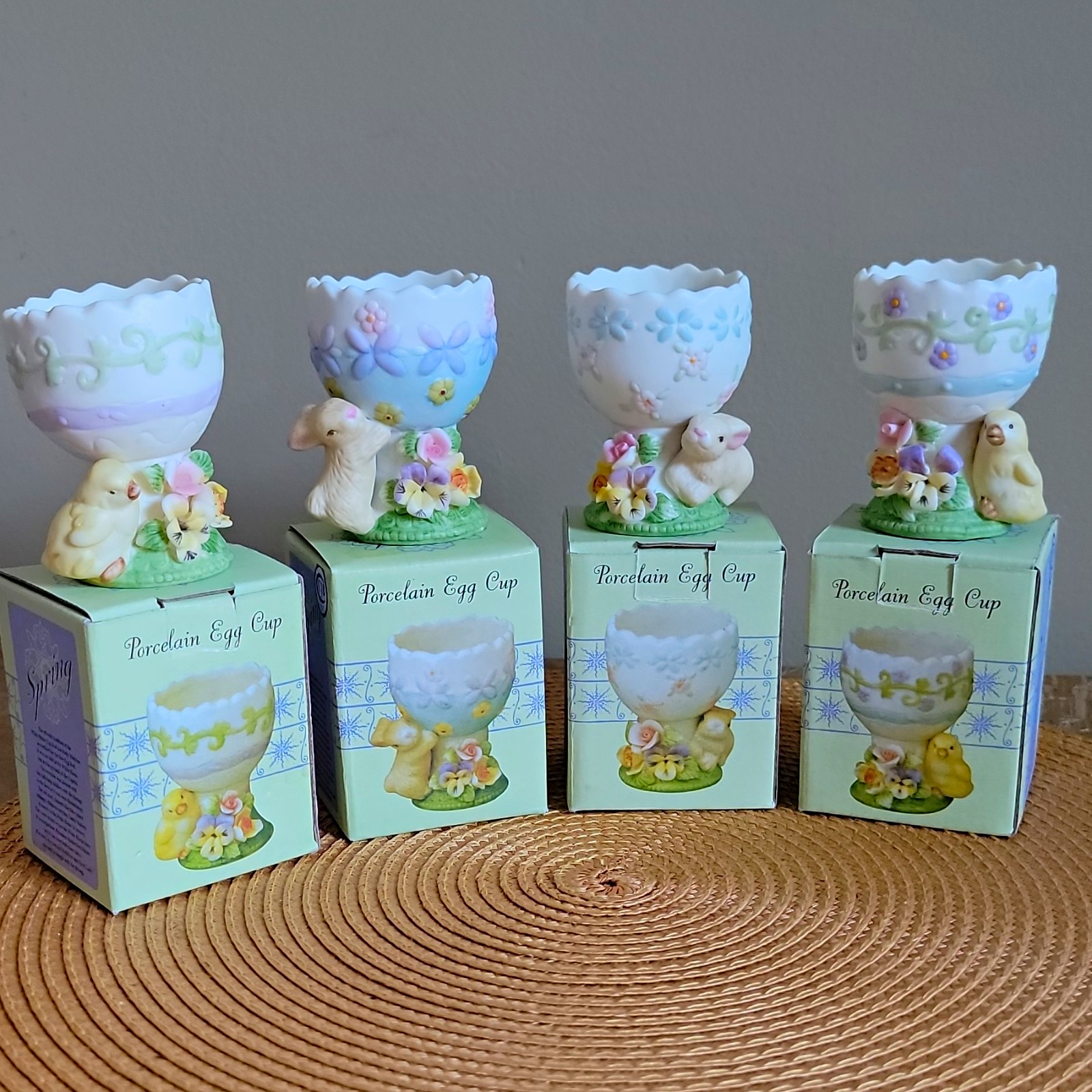 Set of 4 VTG Bisque Porcelain Egg Cup Easter Spring Floral Bunny Chick w/ Boxes