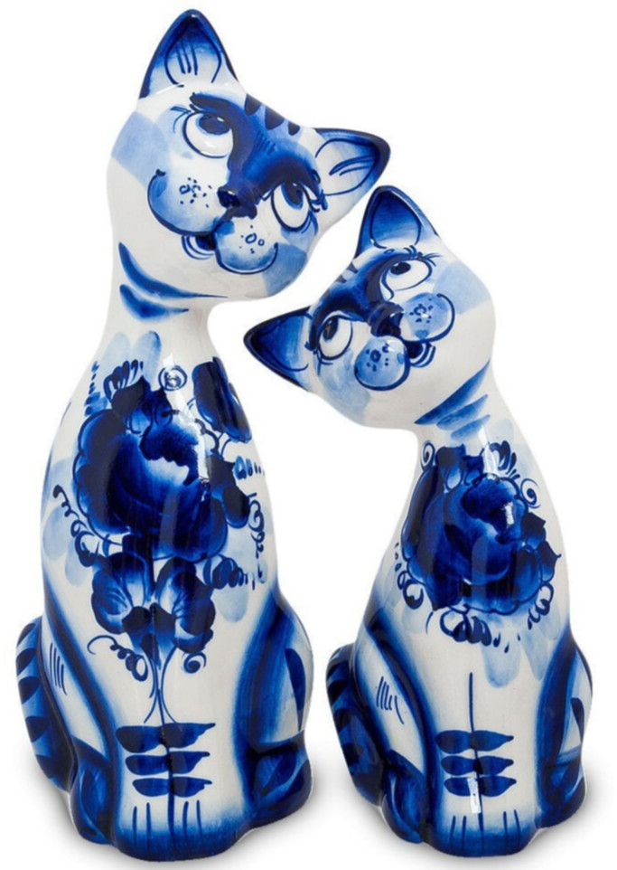 [SET OF 2] Gzhel Porcelain Cat Figurine Ceramic Cat Sculpture White and Blue