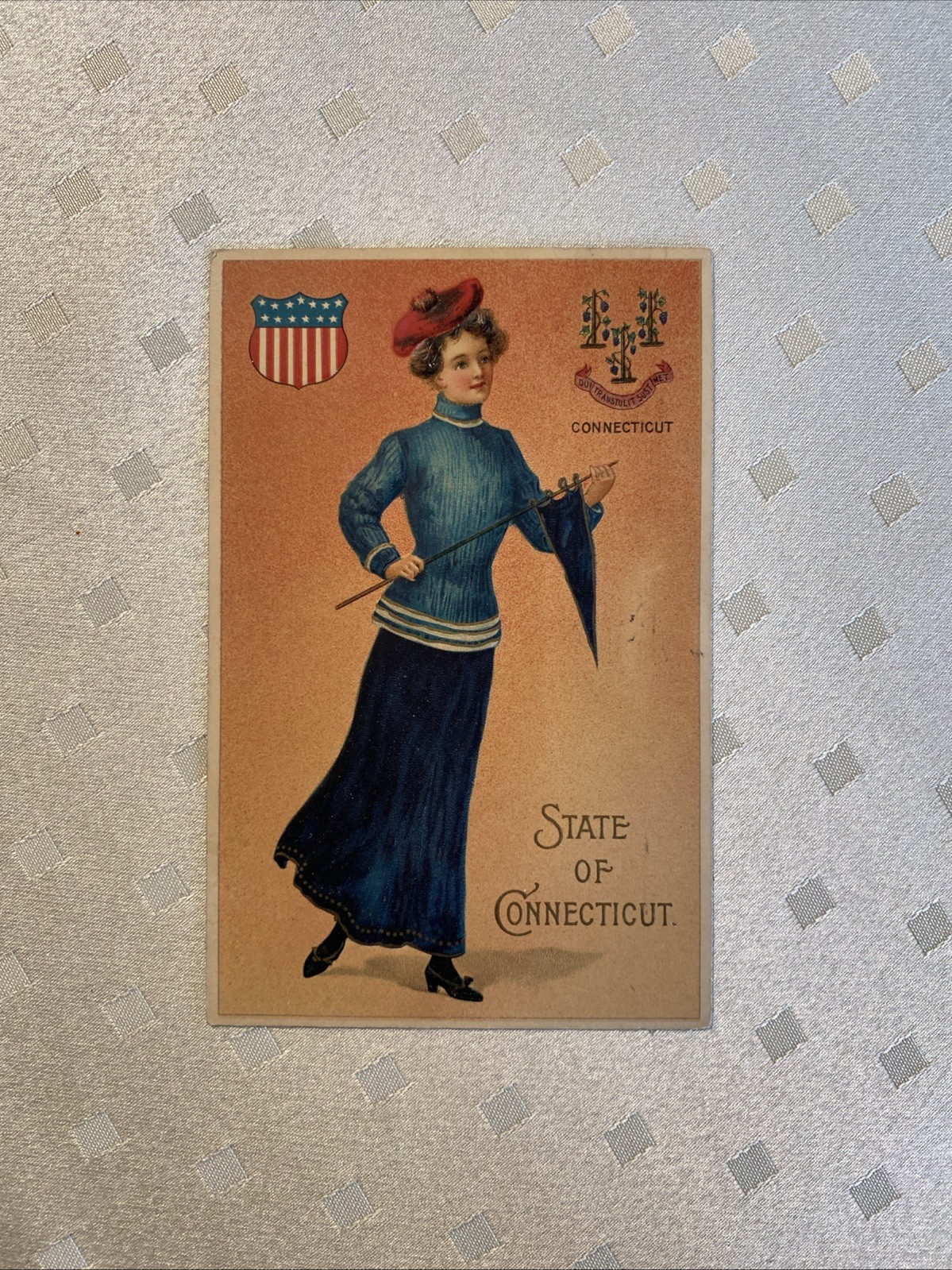 Fancy Victorian LADY Yale BLUE Colors STATE of CONNECTICUT Antique 1909 Postcard