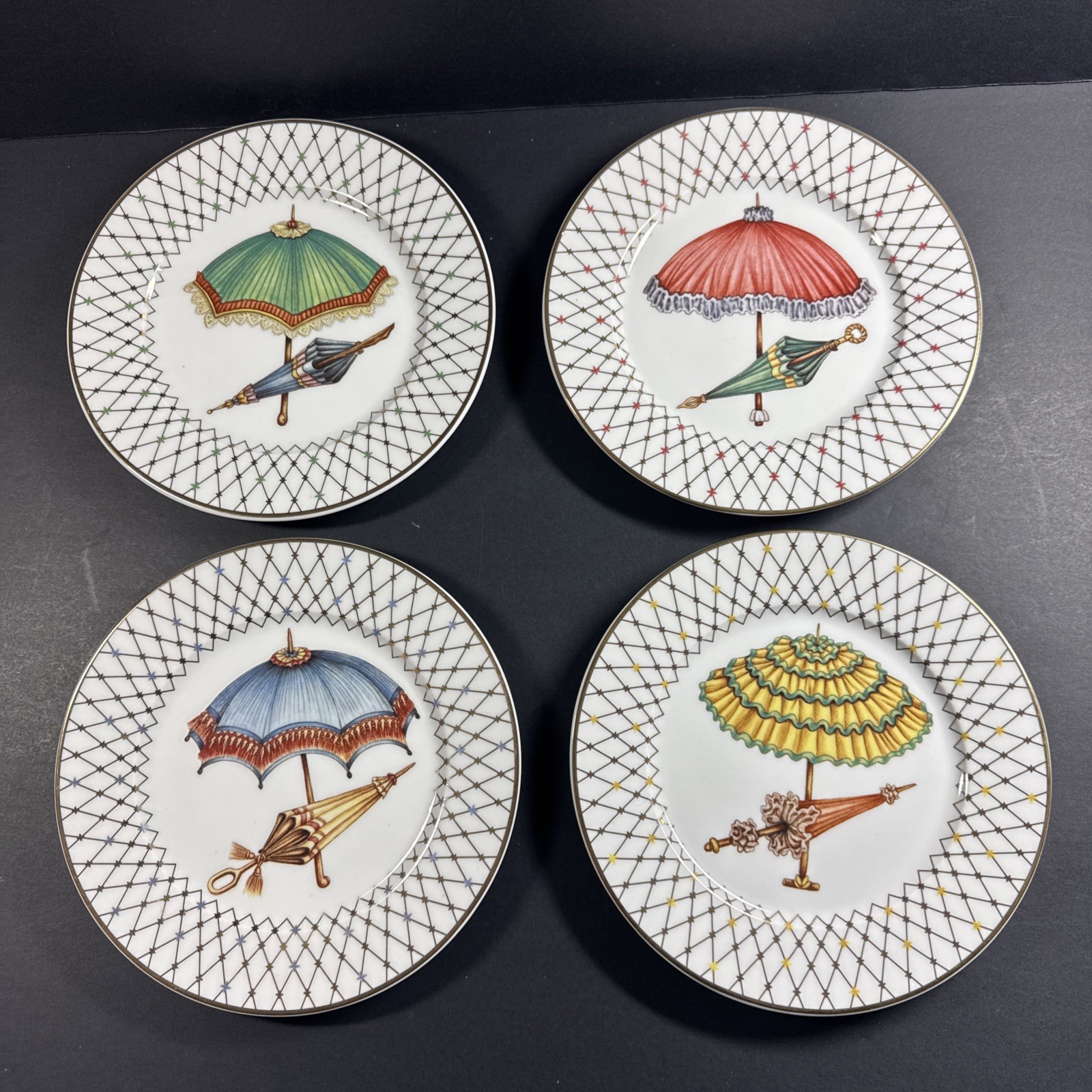 I. Godinger Email de Limoges Parasol Umbrella 7 3/8” Plates Hand Decrorated