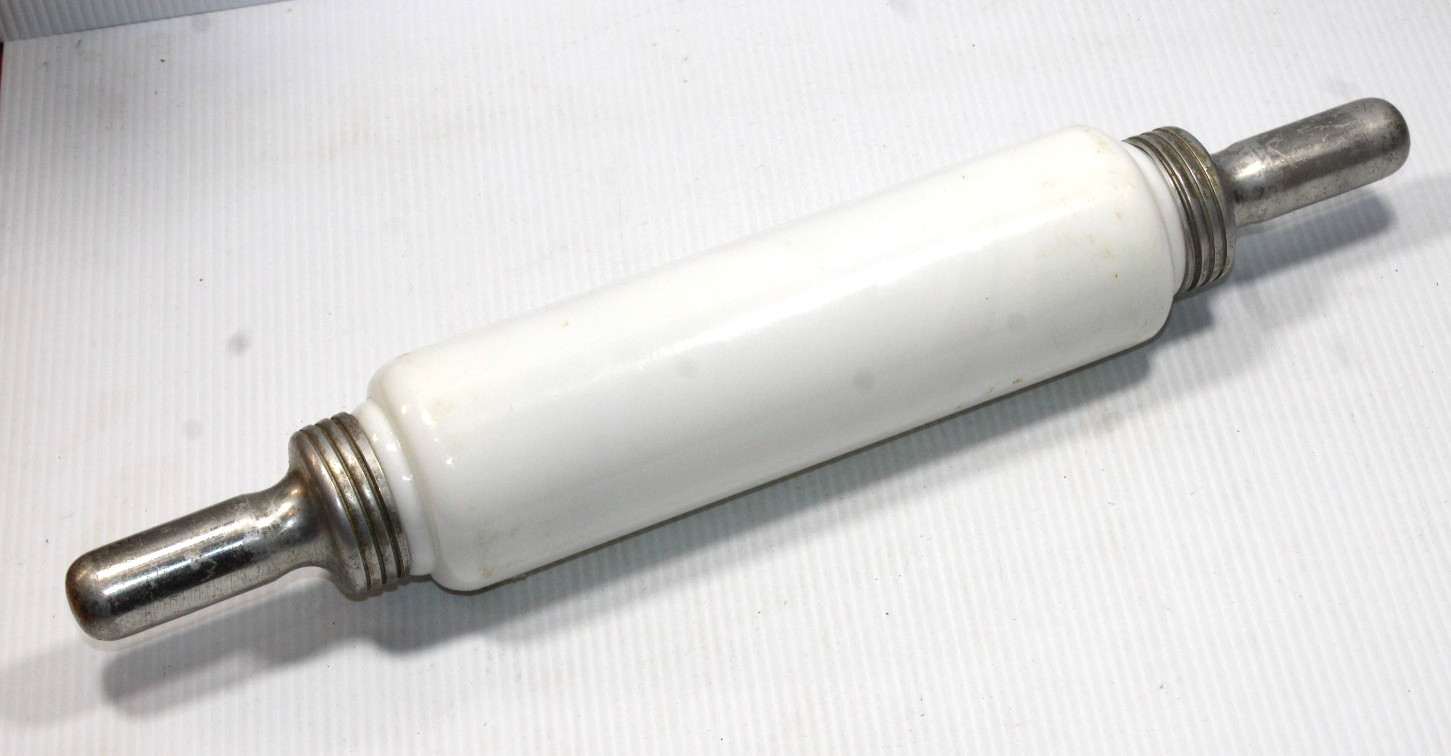 Vintage White MilkGlass Rolling Pin Aluminum Handles 16\
