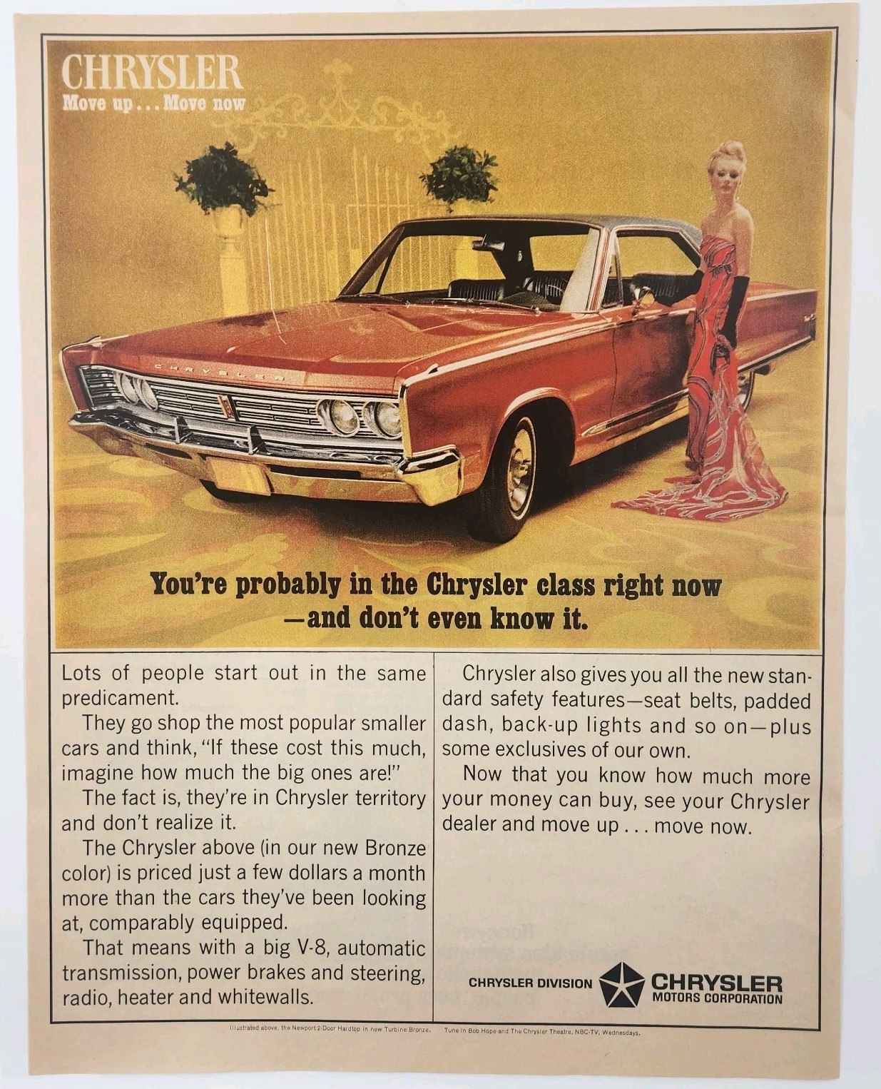 1966 Chrysler Newport 2 Door Hardtop Turbine Bronze Retro Original Print Ad 60s