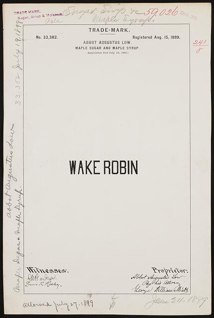 Photo:Abbot Augustus Low 1899 Wake Robin Maple Sugar Syrup Trade-Mark