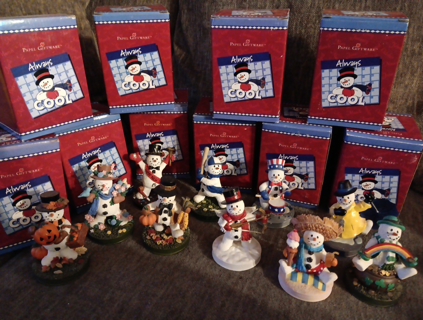 Always Cool Papel Giftware Snoman Figureines. Lot Of 10, Year Round Holiday