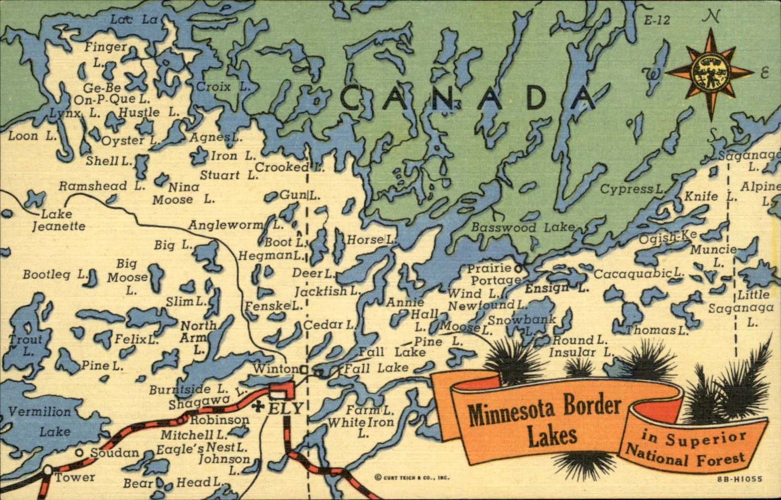 Superior Nat\'l Forest Minnesota MN Border Lakes Map Colorful Linen c1940s PC