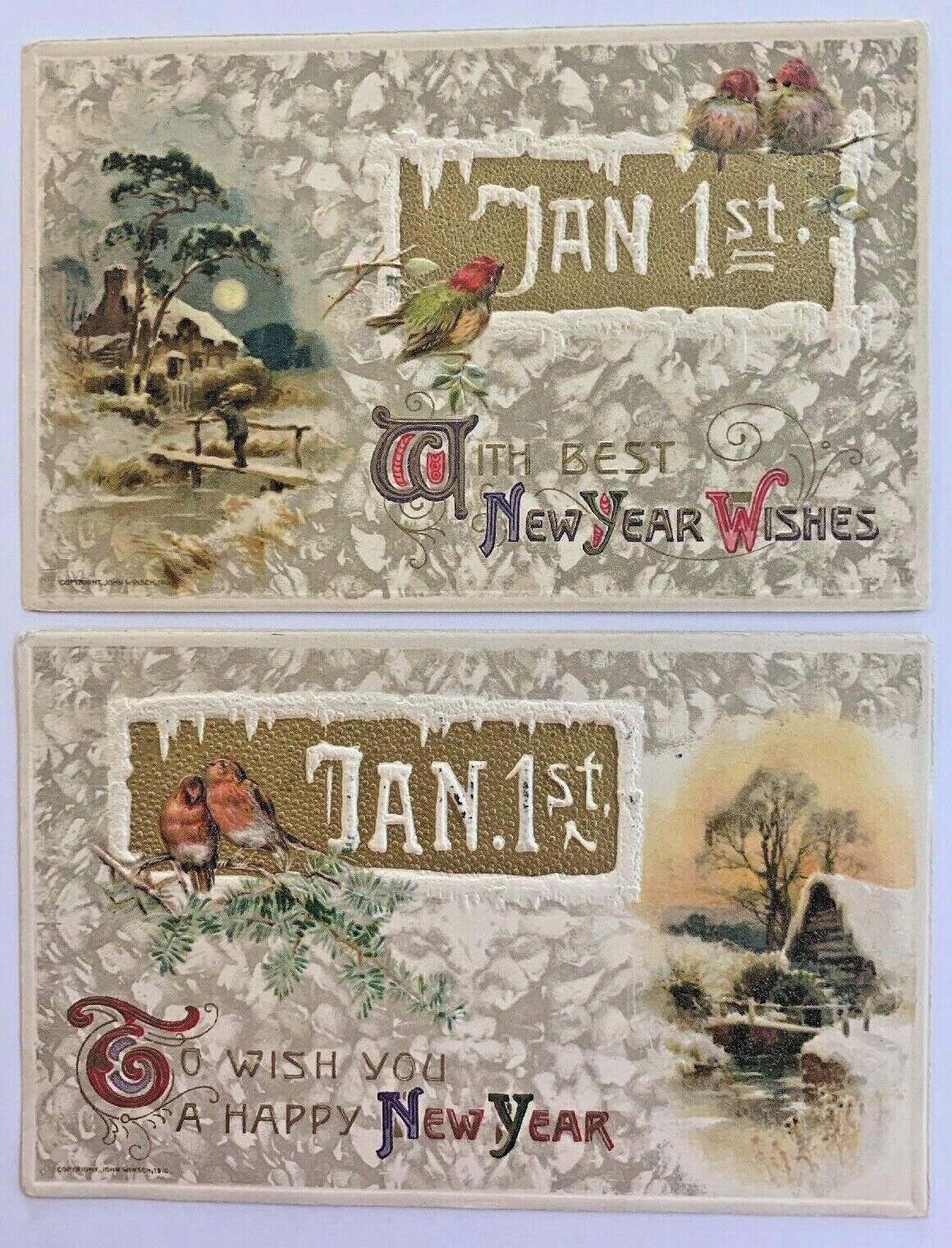 Lot of 2 New Year Postcards John Winsch Birds Winter Scenes Same Series 1911