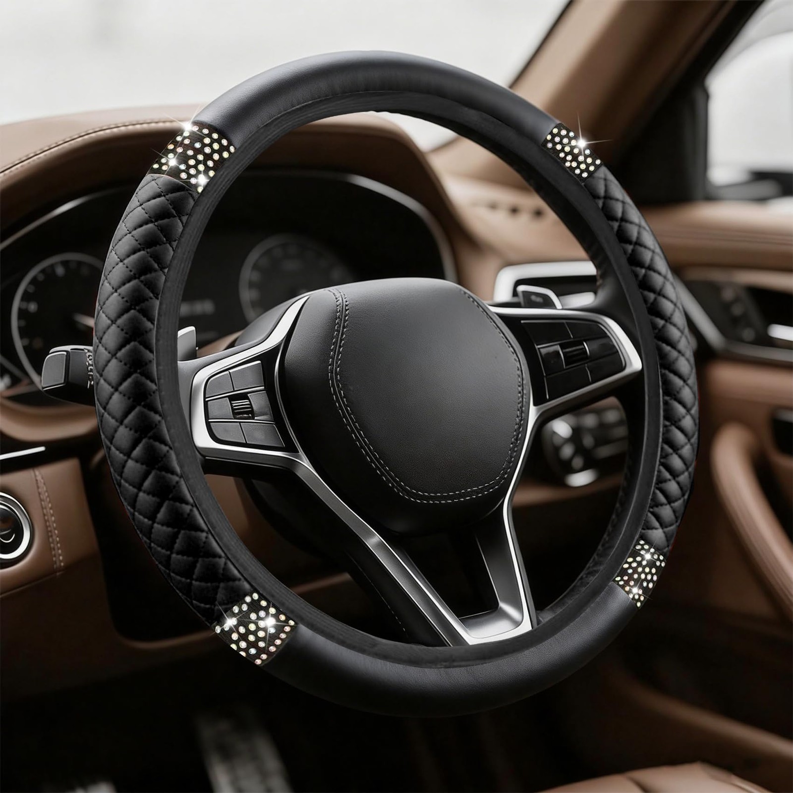 Bling Soft Leather Steering Wheel Cover, Steering Wheel Protector, 15 Inch Rh...