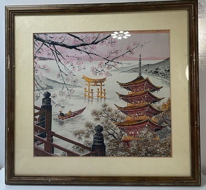 Vintage Framed Japanese Silk Embroidery Landscape Beautiful Art