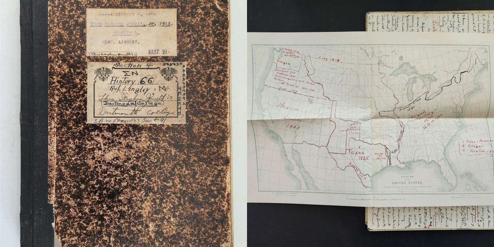 1912 antique THEO STEPHEN JEWETT dartmouth HISTORY NOTEBOOK w MAPS