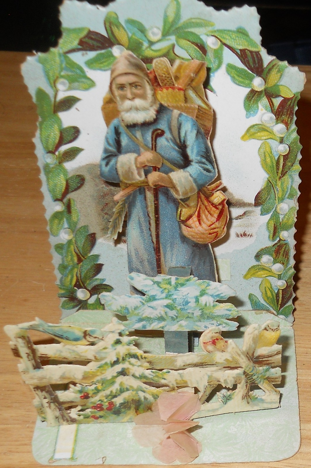 Vintage Tuck\'s Trade Card Fold Out Blue Coat Santa Claus w/Bag of Toys