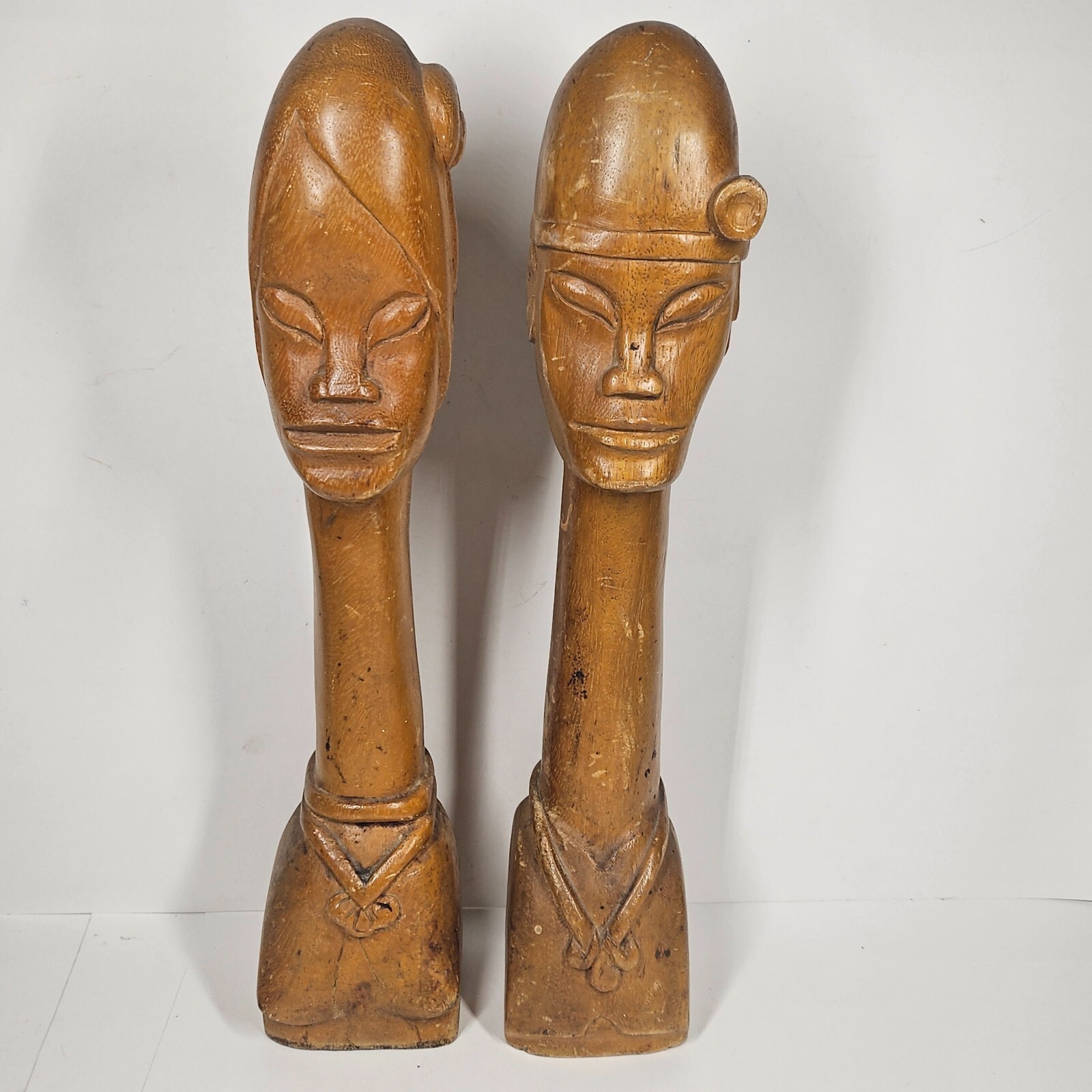 2 Wooden Head Statues Elongated Necks 16