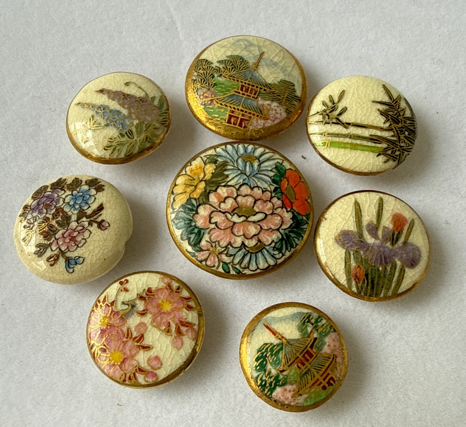 Lot x8exquisite early 20th c SATSUMA Ceramic Buttons~ needle groove -Nice Cond.