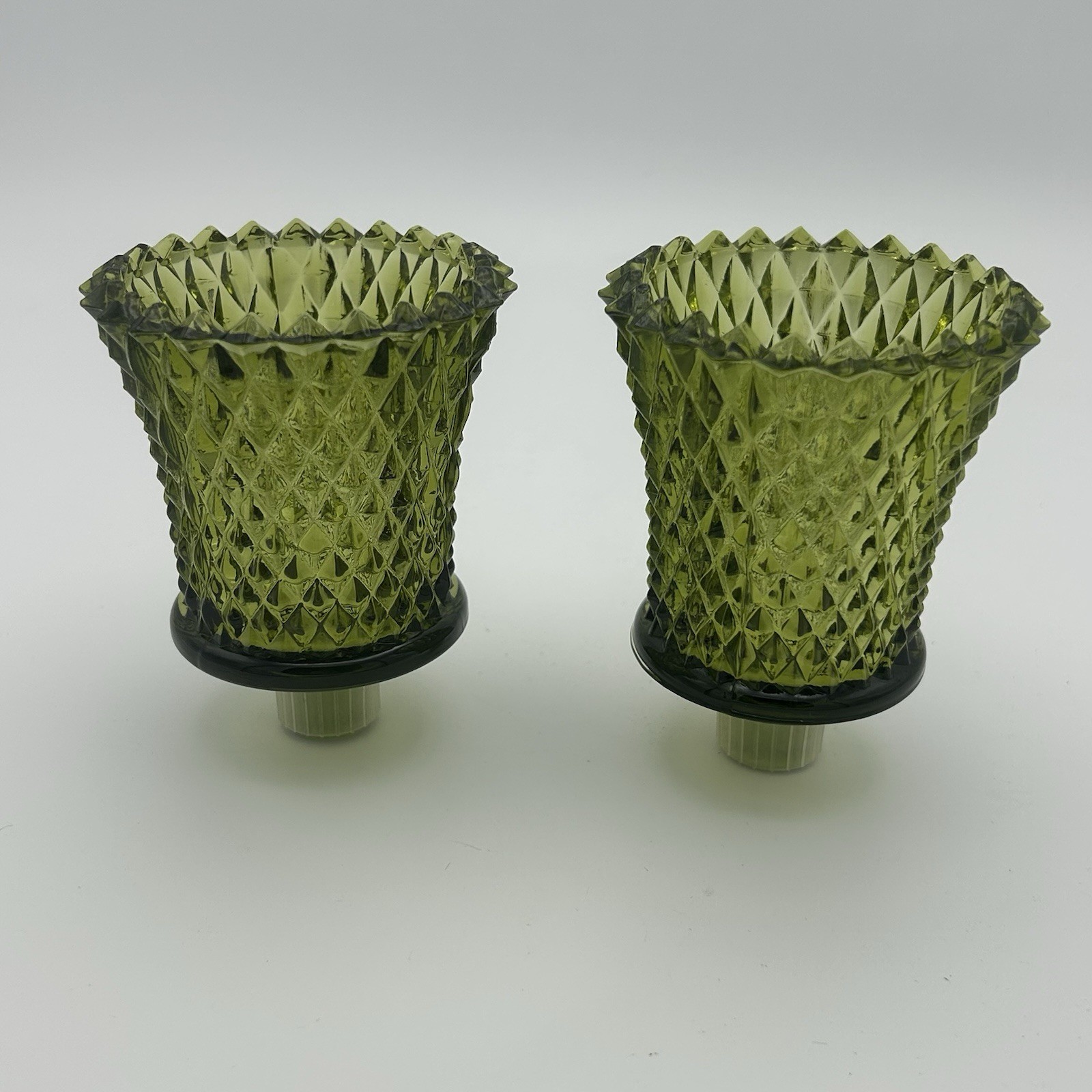 2 Vtg Green Diamond Point Glass Peg Votive Cup Sconce Candle Holders Avocado