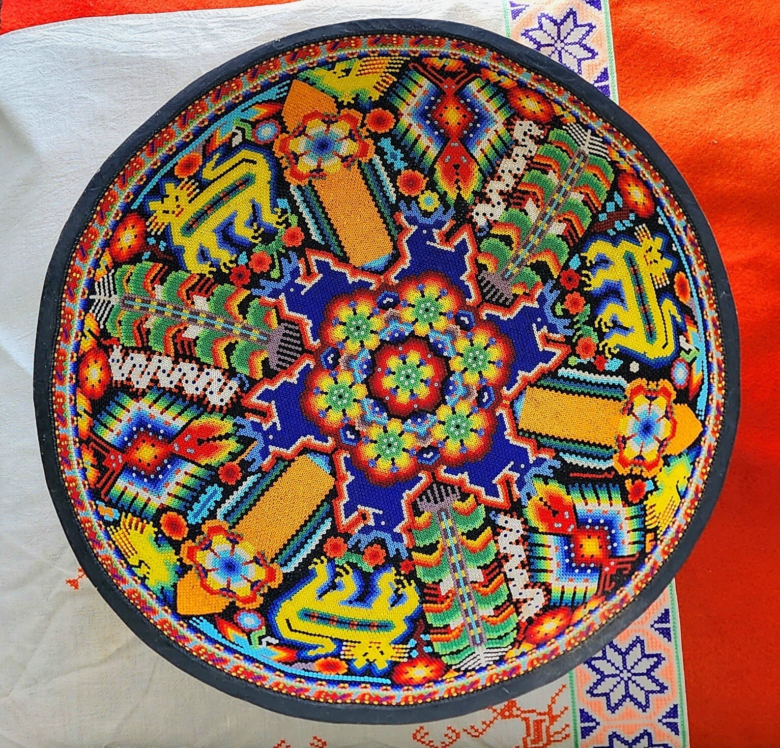 Rare Huichol Indians Vintage Beaded Offering Bowl  Extra Large