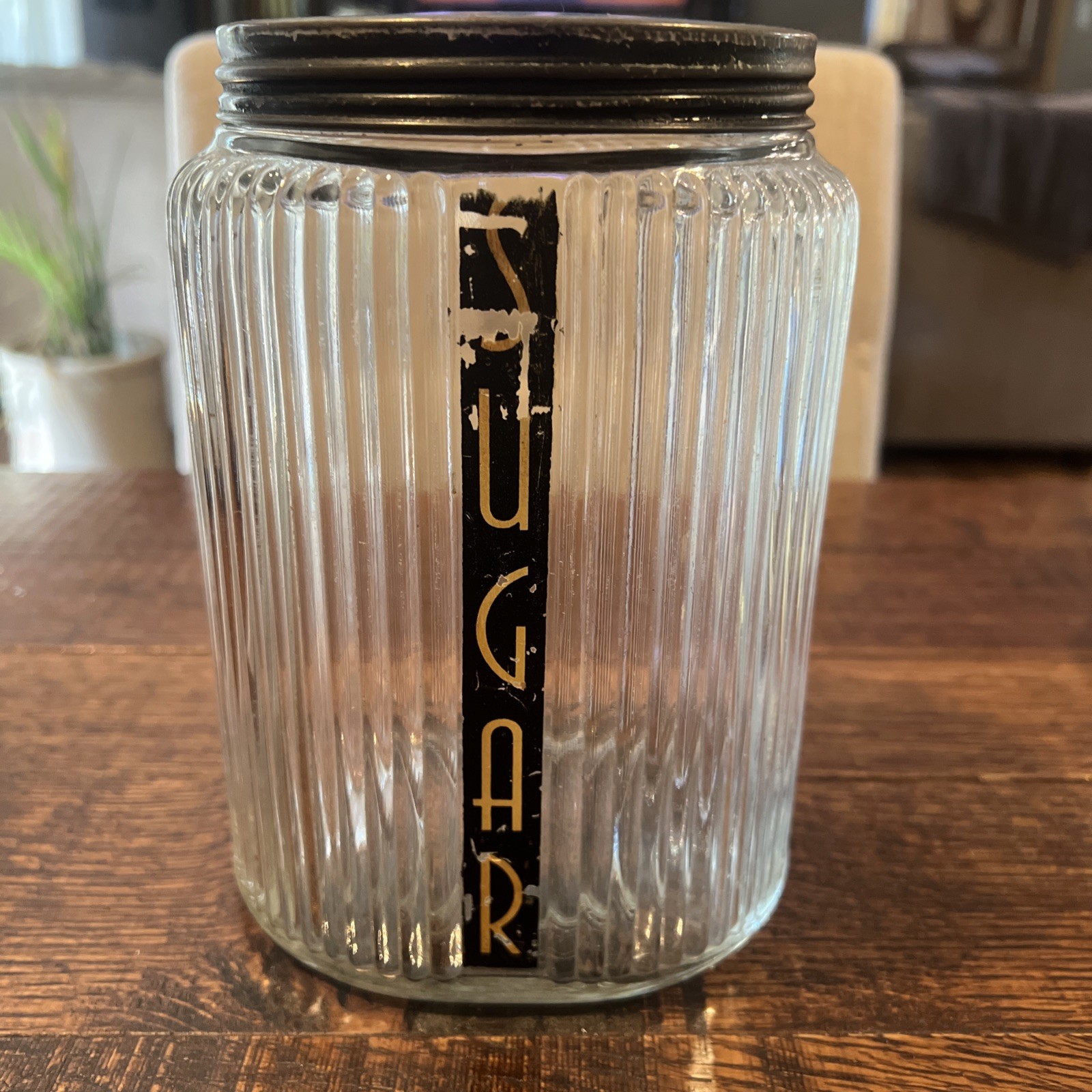 Antique CABINET RIBBED GLASS CANISTERS Sugar w/Aluminum Lid